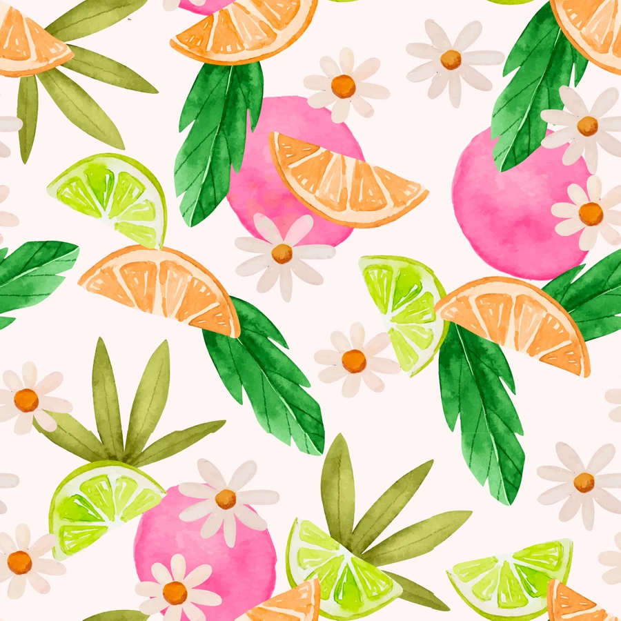 手绘水粉水果植物花朵树叶元素无缝背景图片插画AI矢量设计素材【007】